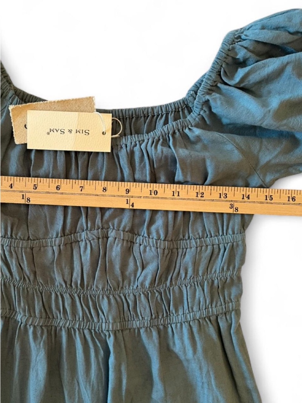 Sim & Sam Blue Linen Blend Puff Sleeve Midi Dress Cottagecore Coastal M - Picture 6 of 7
